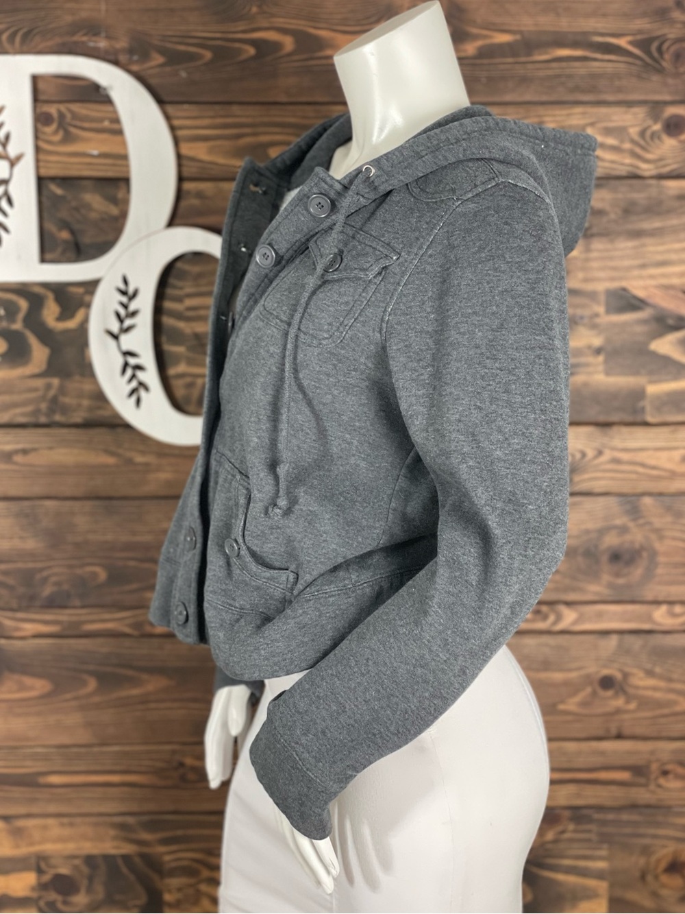 Olivia Sky | Fleece Lined Gray Hooded Drawstring Button-Front Mid Length Jacket - Picture 2 of 5
